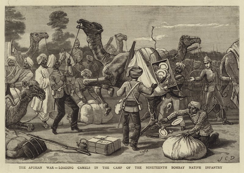 Afghánská válka, nakládání velbloudů v táboře 19. bombajské domorodé pěchoty od John Charles Dollman