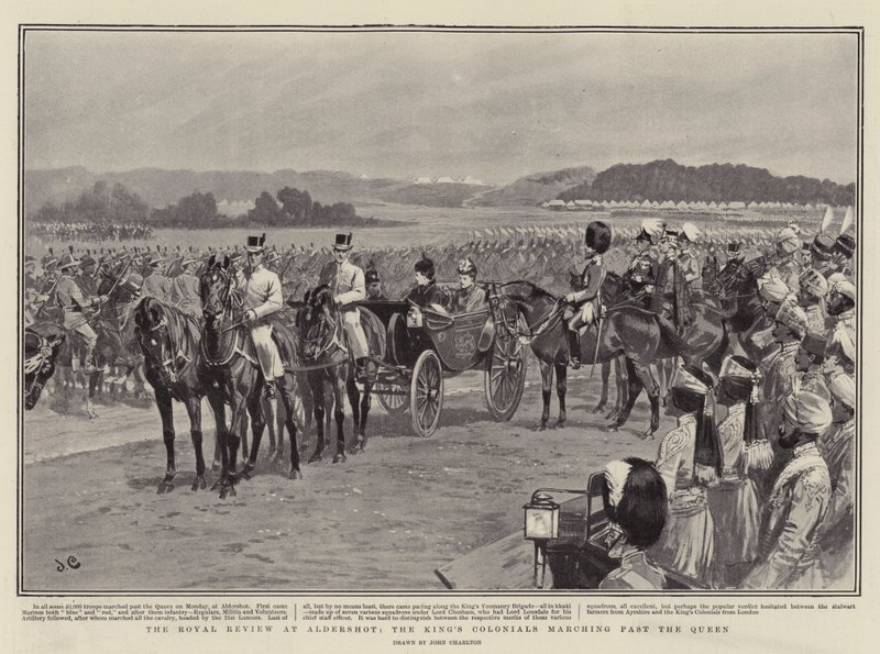 Royal Review na Aldershot, královské koloniály pochodující kolem královny od John Charlton