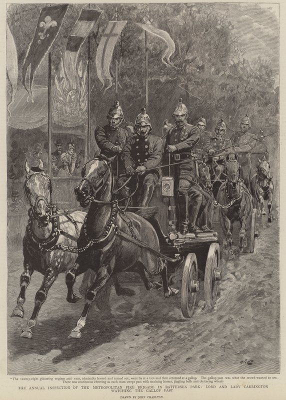Každoroční inspekce The Metropolitan Fire Brigade v Battersea Park, Lord a Lady Carringtonovi sledují cval kolem od John Charlton