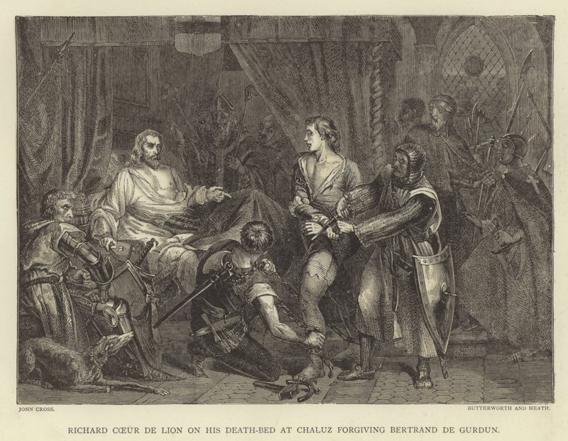 Richard Coeur de Lion na smrtelné posteli v Chaluz odpouštějící Bertrandovi de Gurdun od John Cross