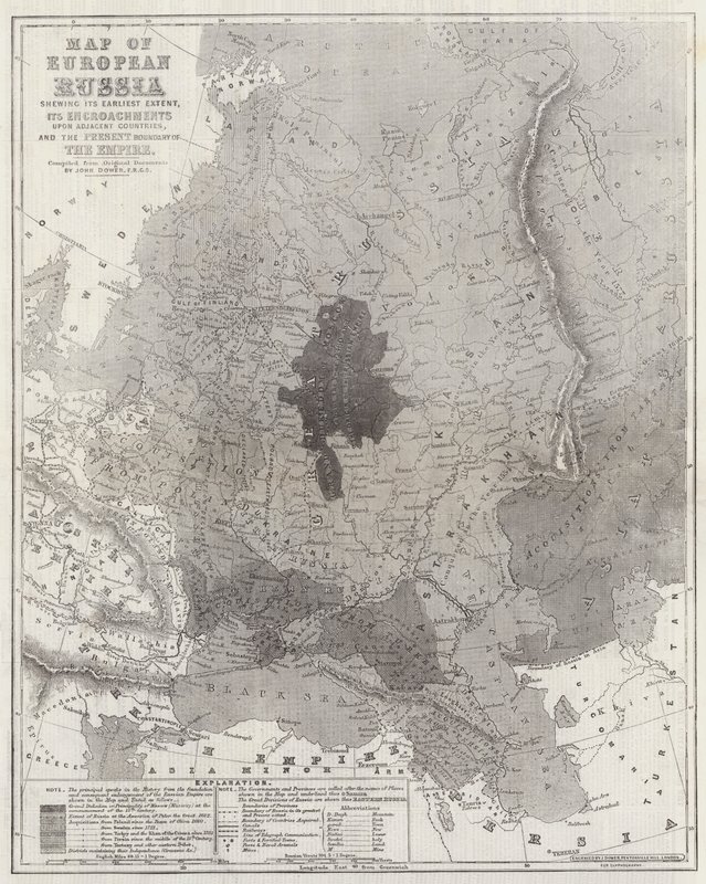 Mapa evropského Ruska zobrazující jeho nejranější rozsah, jeho zásahy do přilehlých zemí a současnou hranici impéria od John Dower