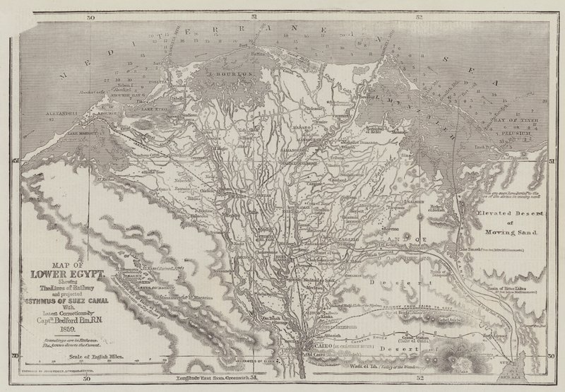 Mapa Dolního Egypta, zobrazující čáry železnice a předpokládanou šíji Suezského průplavu od John Dower
