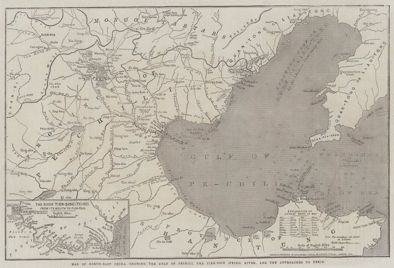 Mapa severovýchodní Číny, zobrazující záliv Pechili, řeku Tien-Tsin (Peiho) a přístupy k Pekinu od John Dower