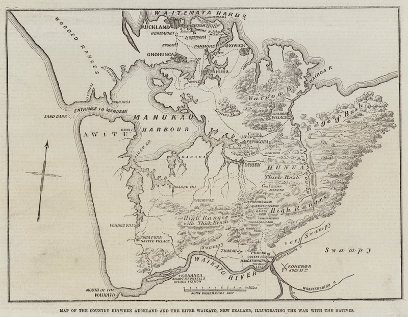 Mapa země mezi Aucklandem a řekou Waikato, Nový Zéland, znázorňující válku s domorodci od John Dower