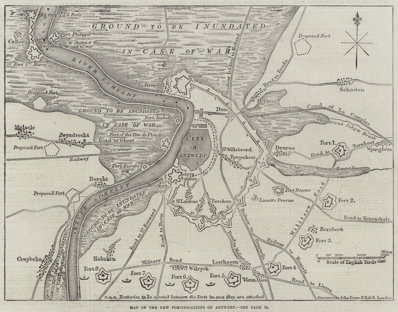 Mapa nového opevnění Antverp od John Dower