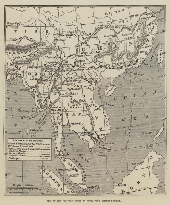 Mapa navrhované trasy do Číny z Britské Barmy od John Dower