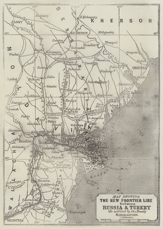 Mapa zobrazující Novou hraniční linii mezi Ruskem a Tureckem, jak byla stanovena Smlouvou, 30. března 1856 od John Dower