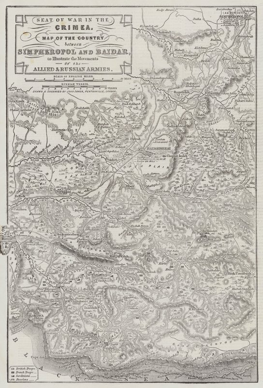 Sídlo války na Krymu, Mapa země mezi Simferopolem a Baidarem pro ilustraci pohybů spojeneckých a ruských armád od John Dower
