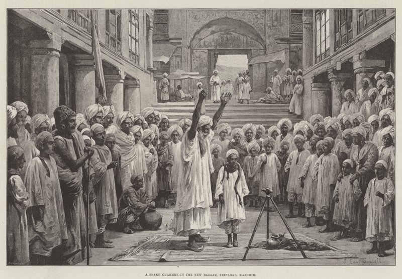 Zaklínač hadů v Novém bazaru, Srinagar, Kašmír od John Edward Goodall