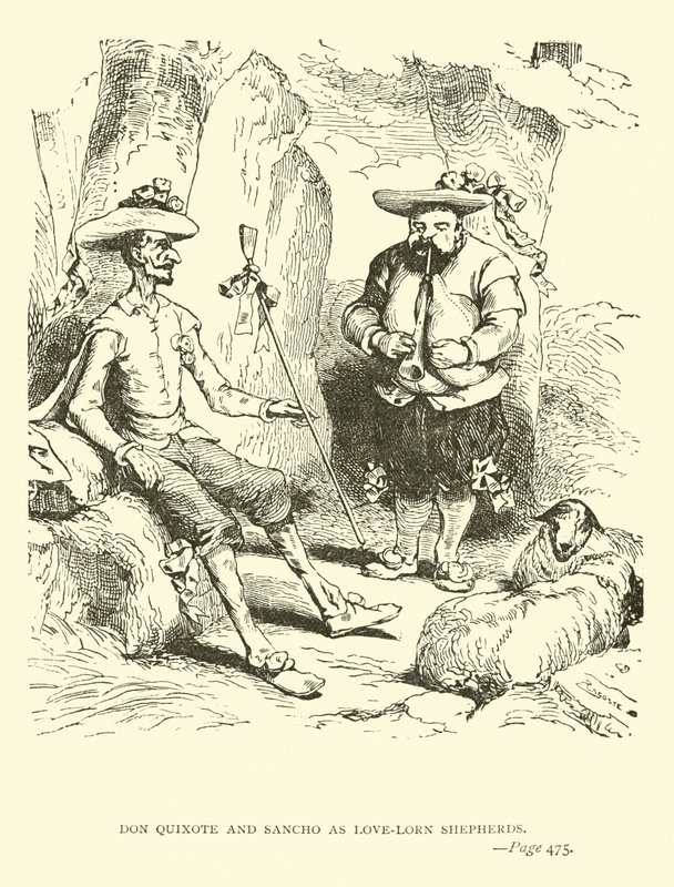 Don Quijote a Sancho jako láskou zmítaní pastýři od John Gilbert