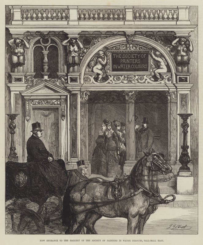 Nový vchod do galerie Společnosti malířů akvarelových barev, Pall-Mall East od John Gilbert