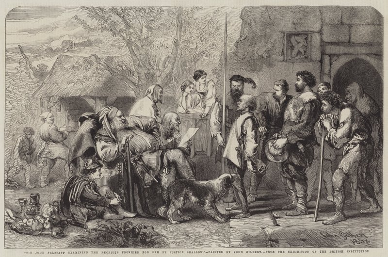 Sir John Falstaff zkoumá rekruty, které mu poskytl Justice Shallow od John Gilbert