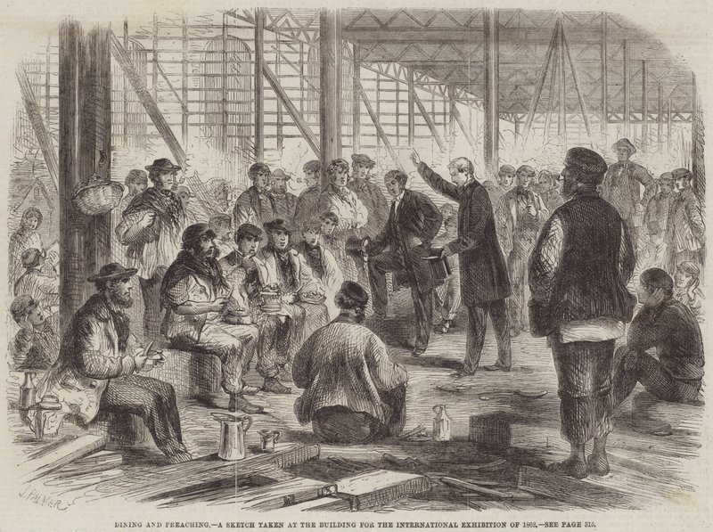 Stolování a kázání, skica pořízená v budově pro mezinárodní výstavu v roce 1862 od John Palmer