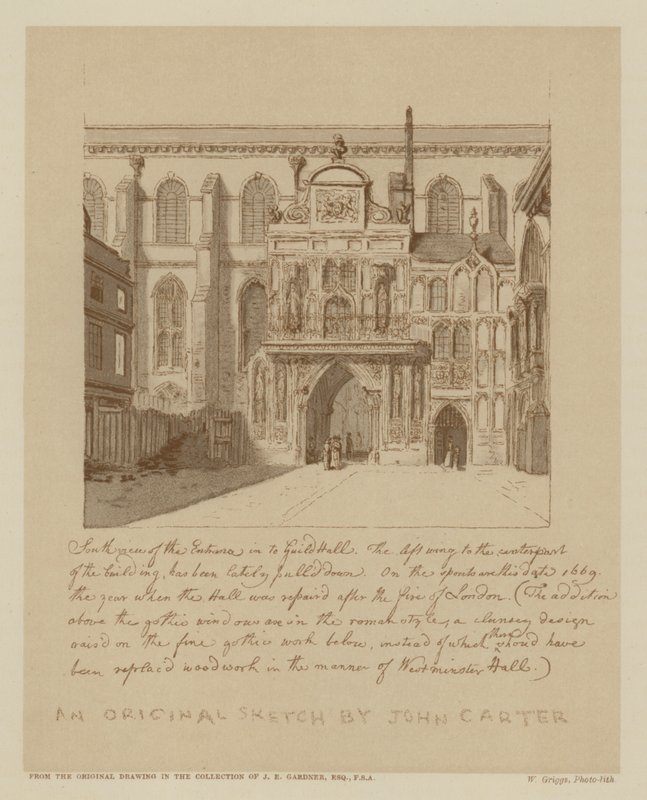 Jižní pohled na vchod do Guildhall, City of London (litho) od John (after) Carter