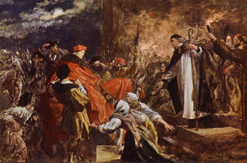 Příjezd kardinála Wolseyho do Leicesterského opatství (barevné lito) od John (after) Gilbert