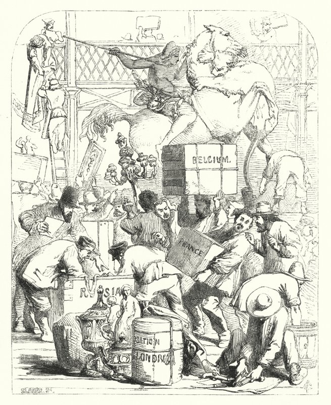 Příjezd zboží, které má být vystaveno na Velké výstavě v roce 1851, Crystal Palace, Hyde Park, Londýn (rytina) od John (after) Gilbert