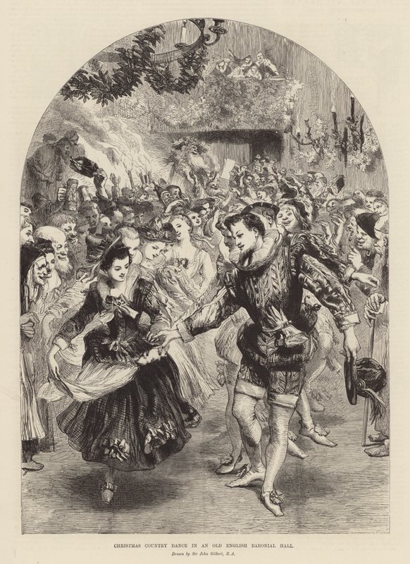 Vánoční country tanec ve starém anglickém baronském sále (rytina) od John (after) Gilbert