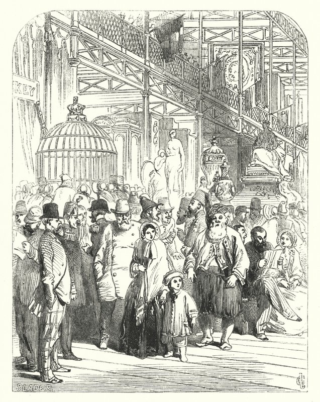 Vystavovatelé a návštěvníci v Crystal Palace, Hyde Park, Londýn, místo konání Velké výstavy z roku 1851 (rytina) od John (after) Gilbert