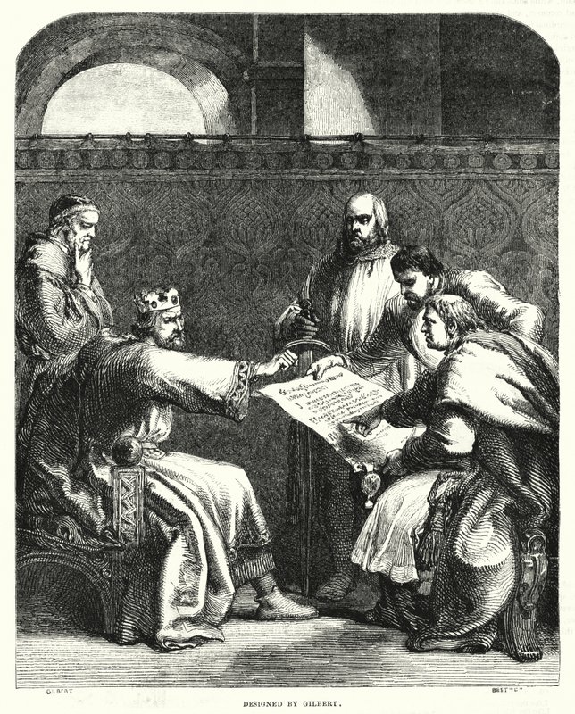 Král Jan odmítl podepsat Magna Chartu v Oxfordu v roce 1215 (rytina) od John (after) Gilbert