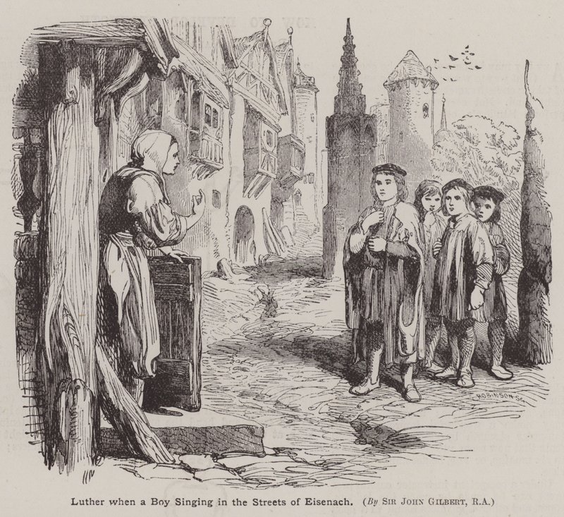 Martin Luther, když chlapec zpívá v ulicích Eisenachu (rytina) od John (after) Gilbert