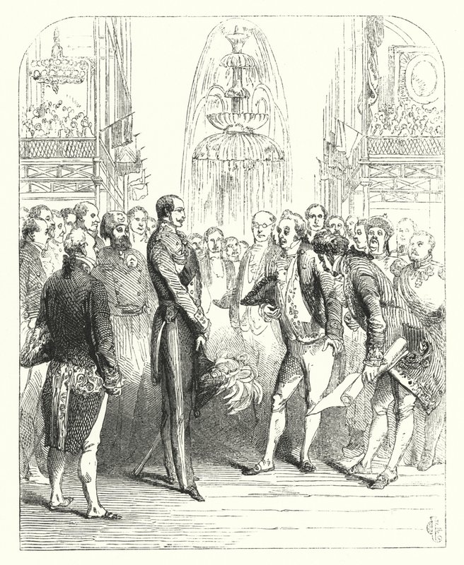 Princ Albert a královští komisaři na Velké výstavě v roce 1851, Crystal Palace, Hyde Park, Londýn (rytina) od John (after) Gilbert