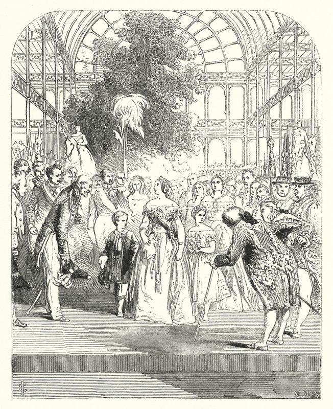 Královna Viktorie a její děti na návštěvě Velké výstavy z roku 1851, Crystal Palace, Hyde Park, Londýn (rytina) od John (after) Gilbert