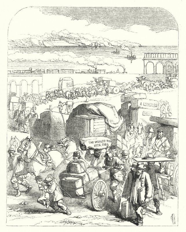 Lodě a vlaky přivážející návštěvníky na Velkou výstavu z roku 1851, Crystal Palace, Hyde Park, Londýn (rytina) od John (after) Gilbert