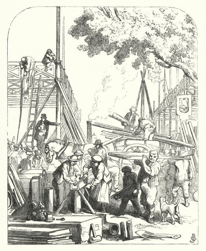 Dělníci na místě Crystal Palace, Hyde Park, Londýn, místo konání Velké výstavy z roku 1851 (rytina) od John (after) Gilbert