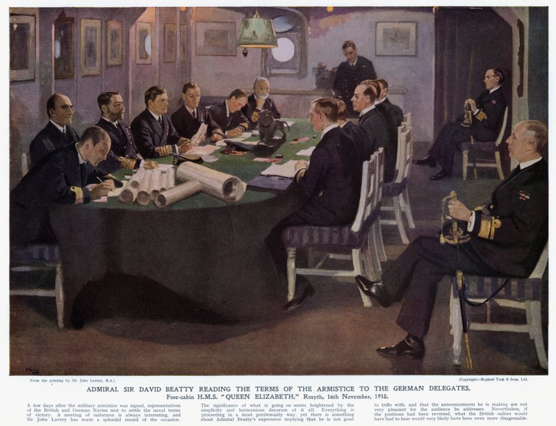 Admirál Sir David Beatty čte podmínky příměří německým delegátům, přední kajuta HMS Queen Elizabeth, Rosyth od John (after) Lavery
