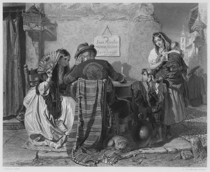 Spisovatel dopisů, Sevilla, z obrázku v královské sbírce (rytina) od John (after) Phillip