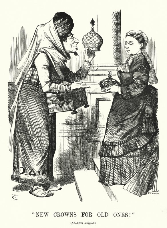 Punch cartoon: Nové koruny pro staré. Benjamin Disraeli (jako Aladdin) s královnou Viktorií - zákon o královských titulech z roku 1876, který uznává královnu jako císařovnu Indie (rytina) od John (after) Tenniel