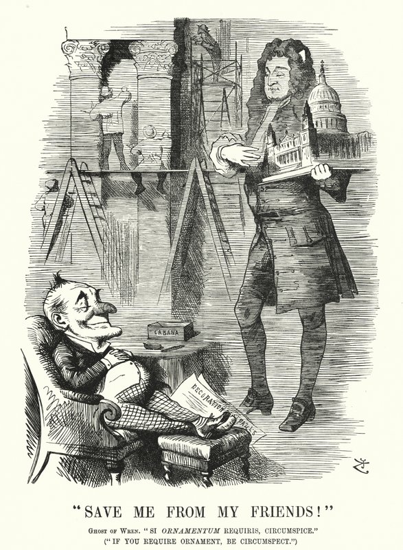 Punch cartoon: Save Me from My Friends - duch sira Christophera Wrena a výzdoba katedrály svatého Pavla v Londýně (rytina) od John (after) Tenniel