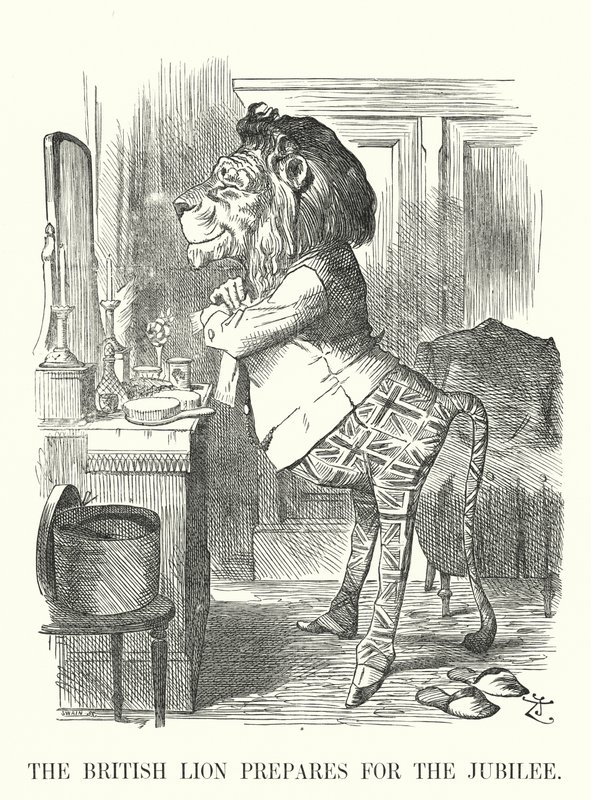 Punč karikatura: Britský lev se připravuje na jubileum – Zlaté jubileum královny Viktorie od John (after) Tenniel