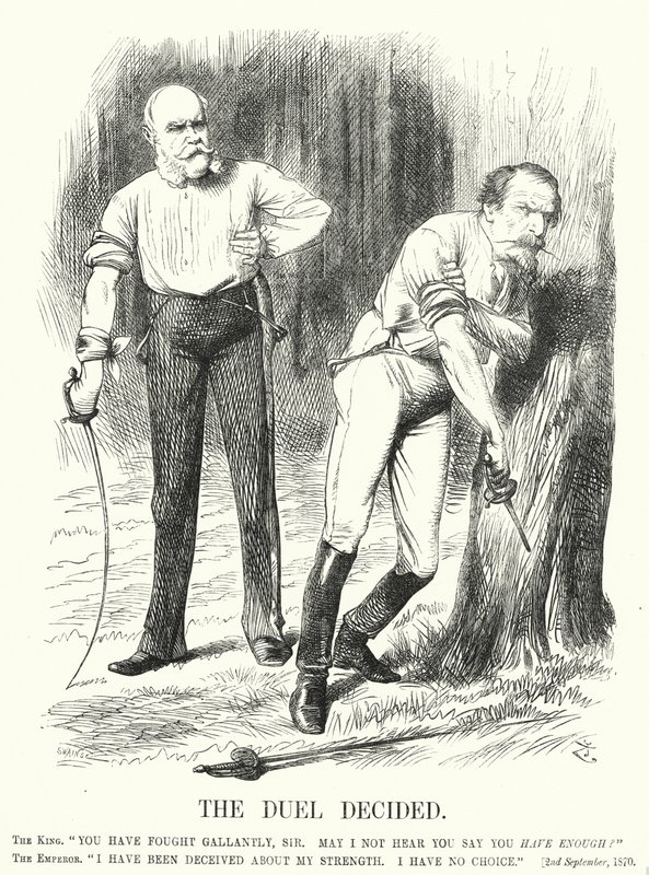 Punch cartoon: The Duel Decided - porážka Francie ve francouzsko-pruské válce (rytina) od John (after) Tenniel