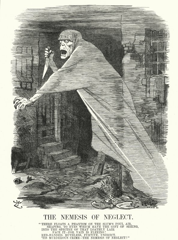 Punch cartoon: The Nemesis of Neglect - chudoba a zločin v Londýně v době vražd Jacka Rozparovače (rytina) od John (after) Tenniel