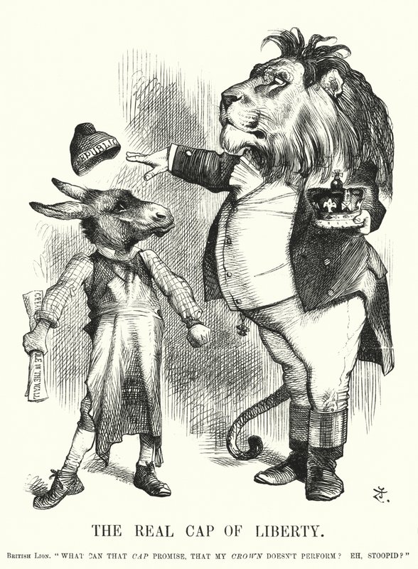 Punch cartoon: The Real Cap of Liberty - nadřazenost britské konstituční monarchie nad republikanismem (rytina) od John (after) Tenniel