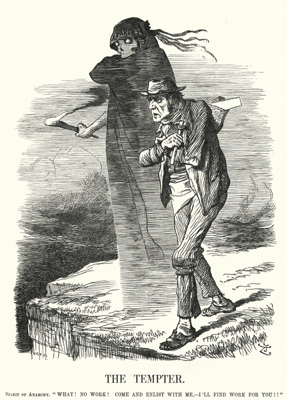 Punch cartoon: The Tempter - pokušení anarchismu pro nezaměstnané (rytina) od John (after) Tenniel
