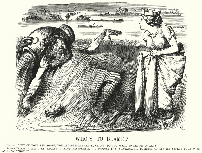 Punch cartoon: Kdo je na vině? - vyzývá k přijetí opatření k zabránění zaplavení Temže v Londýně (rytina) od John (after) Tenniel