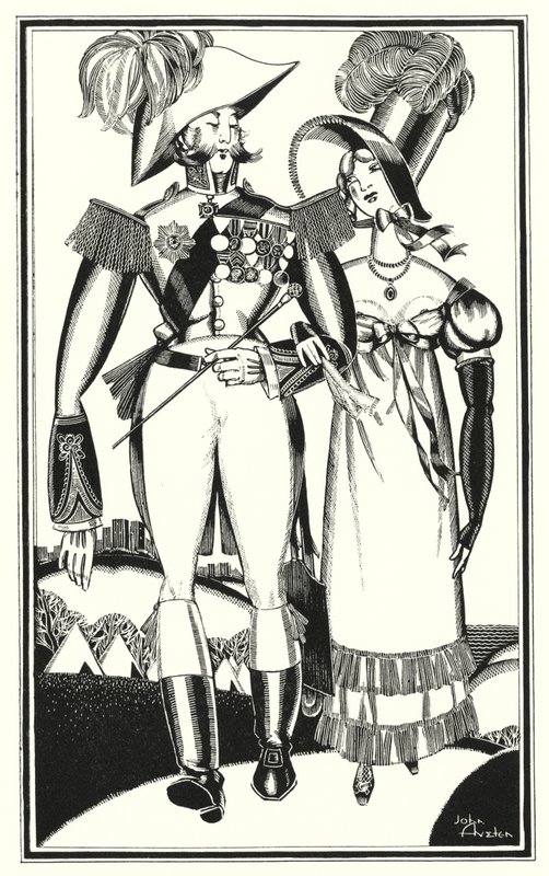 Ilustrace pro Dona Juana od Lorda Byrona: Medaile, hodnost, stuhy, krajka, výšivka, šarlatová (litho) od John Austen