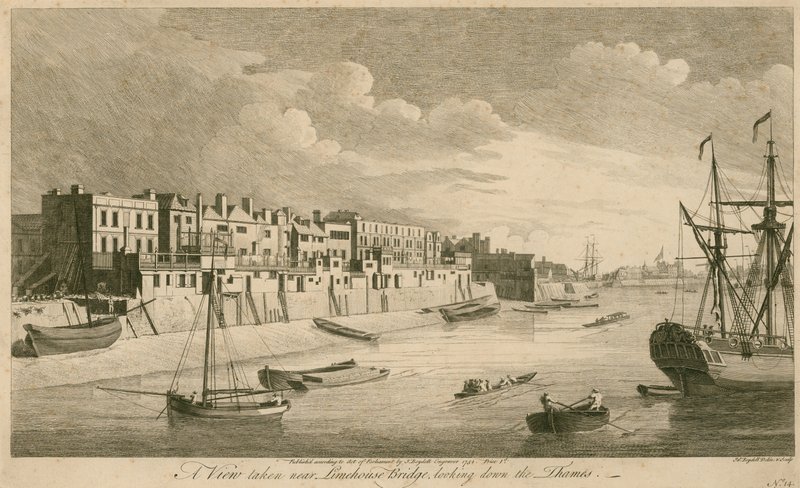 Pohled pořízený poblíž Limehouse Bridge při pohledu na Temži od John Boydell