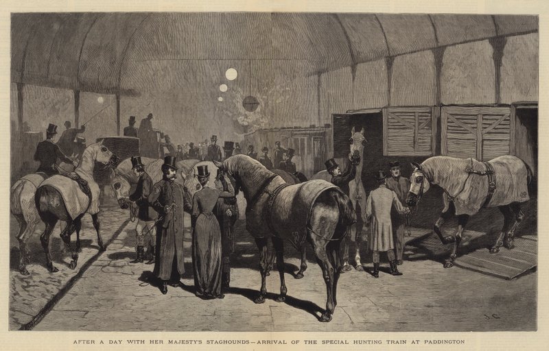 Po dni s Staghoundy Jejího Veličenstva příjezd speciálního loveckého vlaku do Paddingtonu od John Charles Dollman