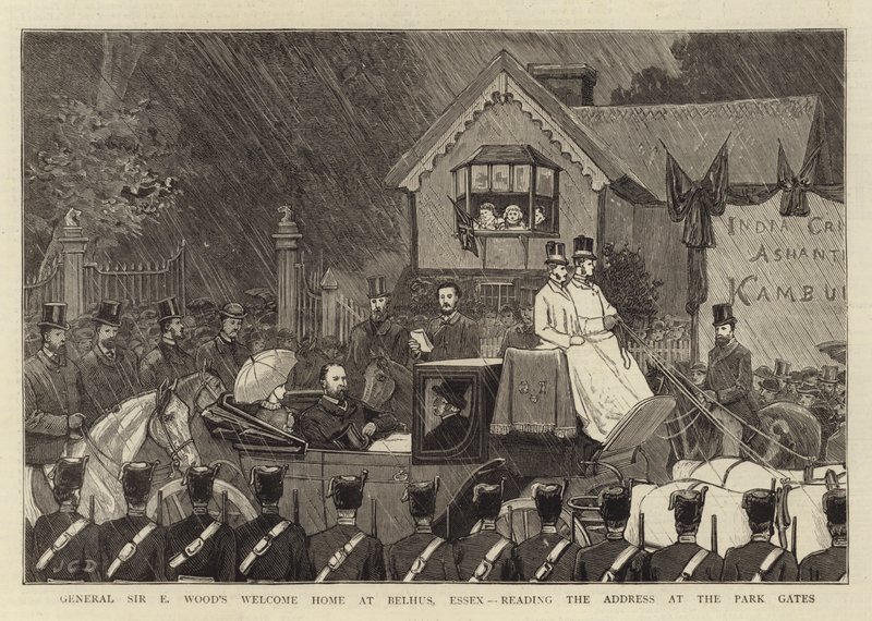 Vítejte doma generála sira E Wooda v Belhusu v Essexu, čtoucí adresu u brány parku od John Charles Dollman