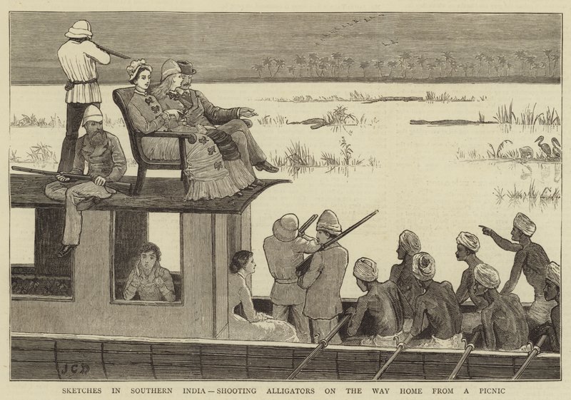 Skici v jižní Indii, střílení aligátorů na cestě domů z pikniku od John Charles Dollman