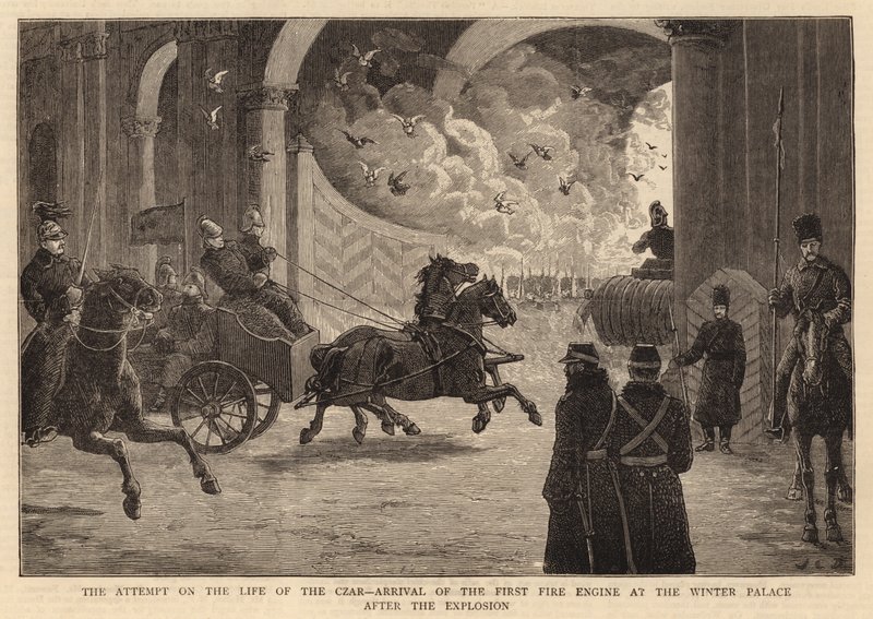 Atentát na cara, příjezd první lokomotivy do Zimního paláce po výbuchu od John Charles Dollman