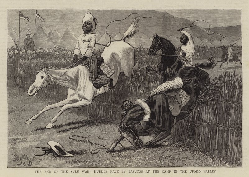 Konec války Zuluů, překážkový závod Basutos v táboře v údolí Upoko od John Charles Dollman