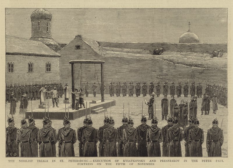 Nihilistické procesy v Petrohradě, poprava Kviatkovského a Presniakova v pevnosti Peter Paul dne 5. listopadu 1880 od John Charles Dollman