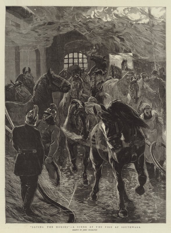 Záchrana koní, scéna z požáru v Southwarku od John Charlton