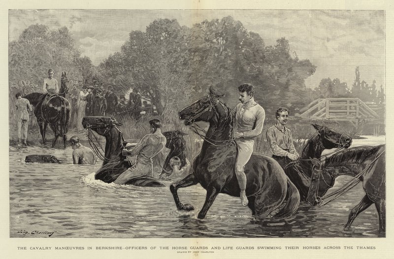 Manévry kavalérie v Berkshire, důstojníci Horse Guards a Life Guards plavající své koně přes Temži od John Charlton