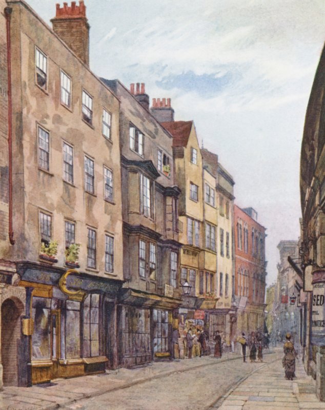 Ztracený Londýn: Holywell Street, pohled na západ (barevná litografie) od John Crowther