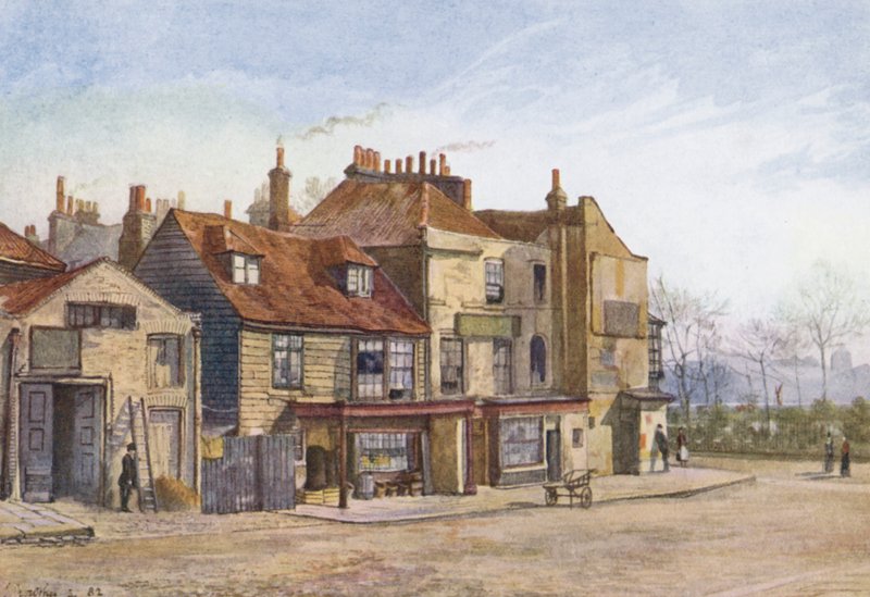 Ztracený Londýn: Lawrence Street, Chelsea, jihovýchodní roh (barevná litografie) od John Crowther